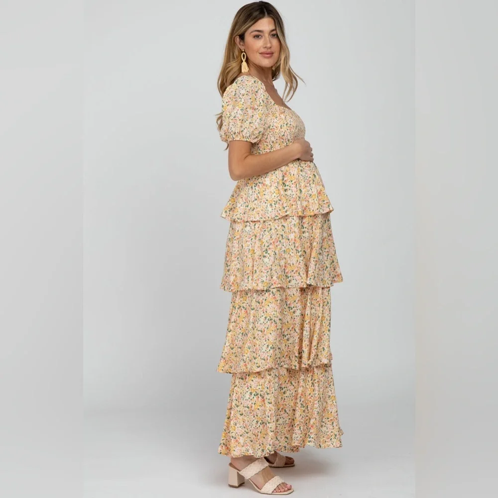 NWHT SOLD OUT PINKBLUSH Yellow Floral Square Neck Ruffle Layered Maternity Maxi - Picture 5 of 11